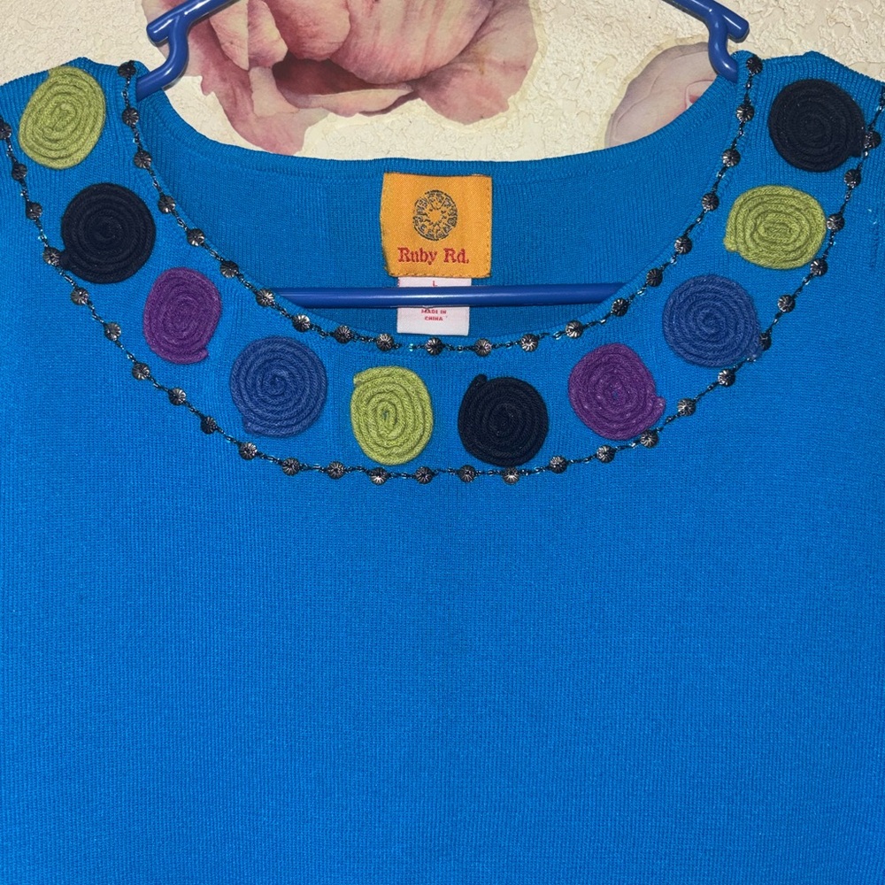 Ruby Rd. Blue Top With Colorful Embellishments - image 2